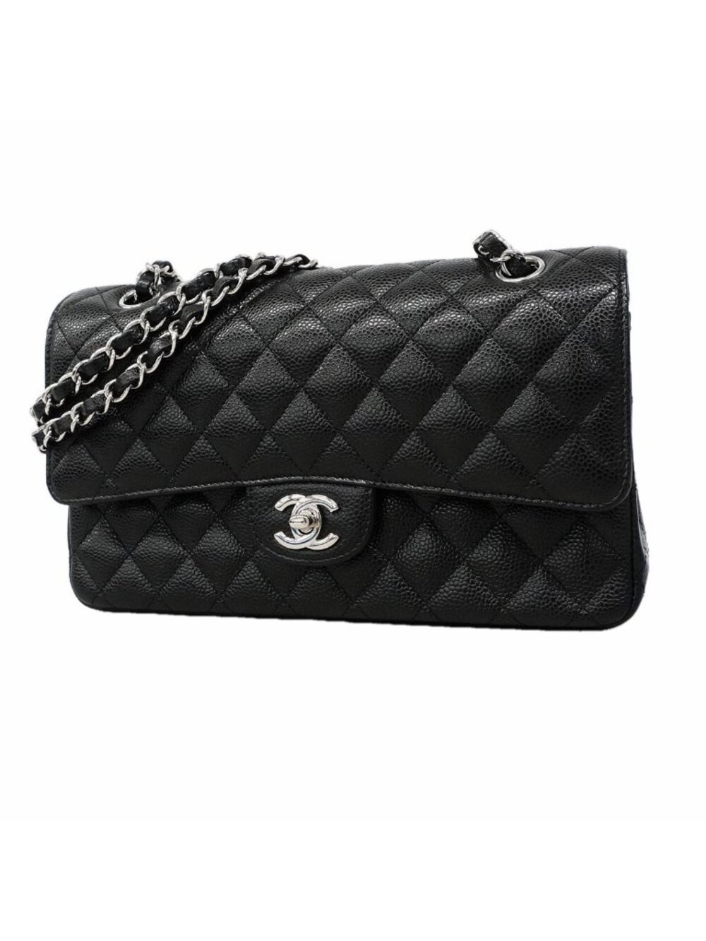 Chanel Shoulder Bag Quilted Caviar Leather Black Silver